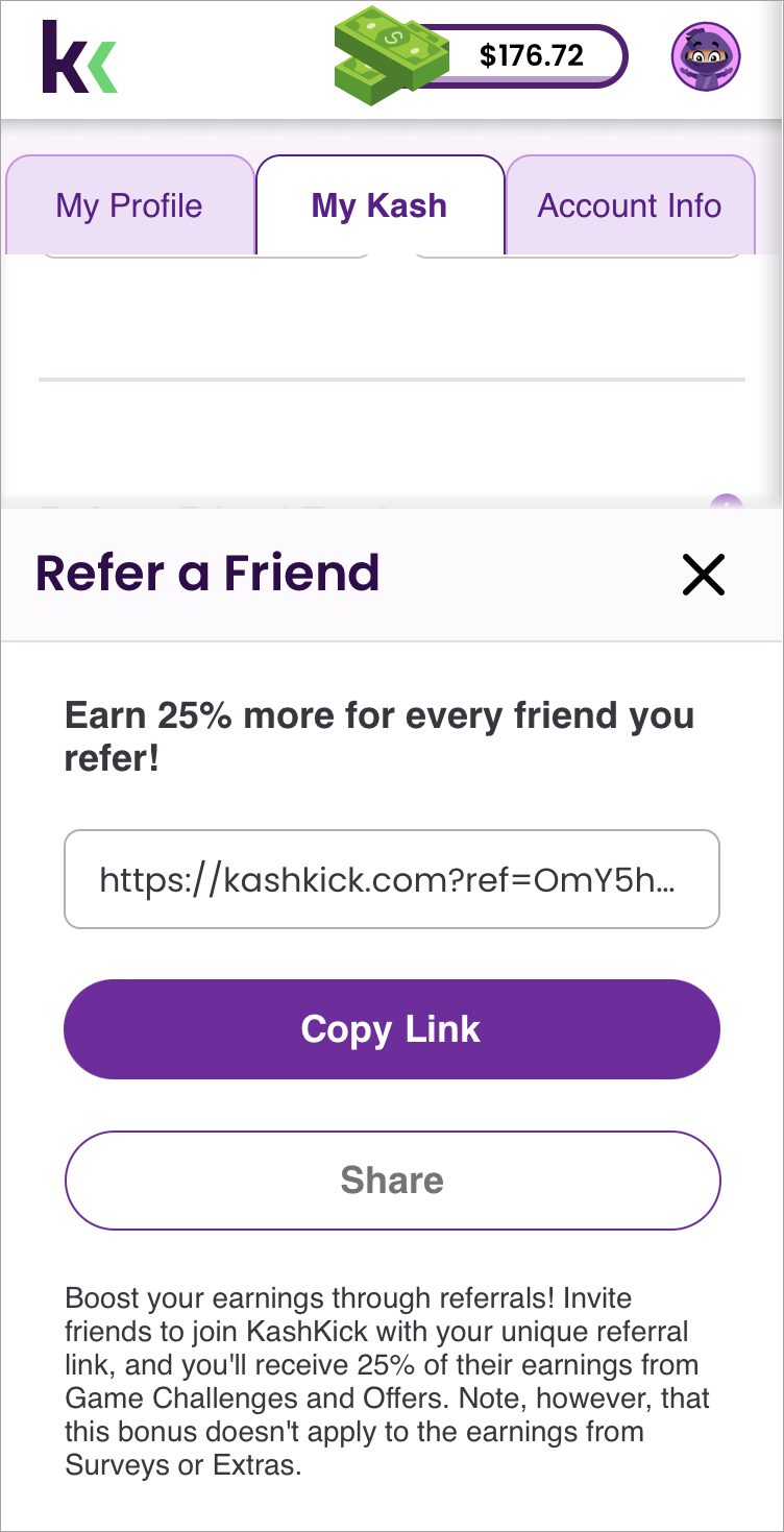 Tap an option to share the referral link.