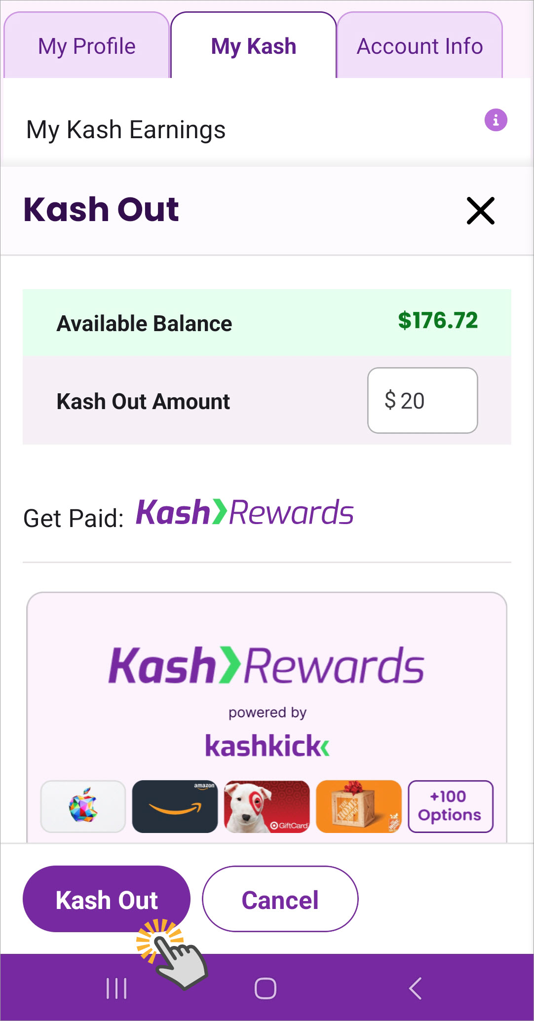 Tap Kash Out to complete the transaction.