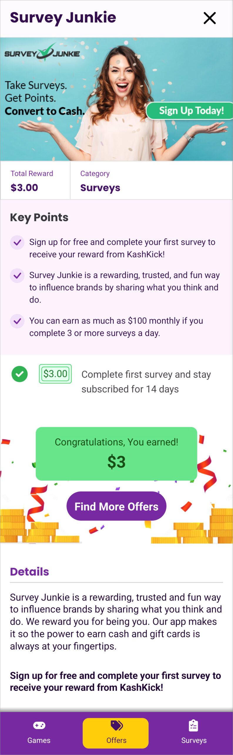 A complete offer with a congratulations message stating how much you earned.