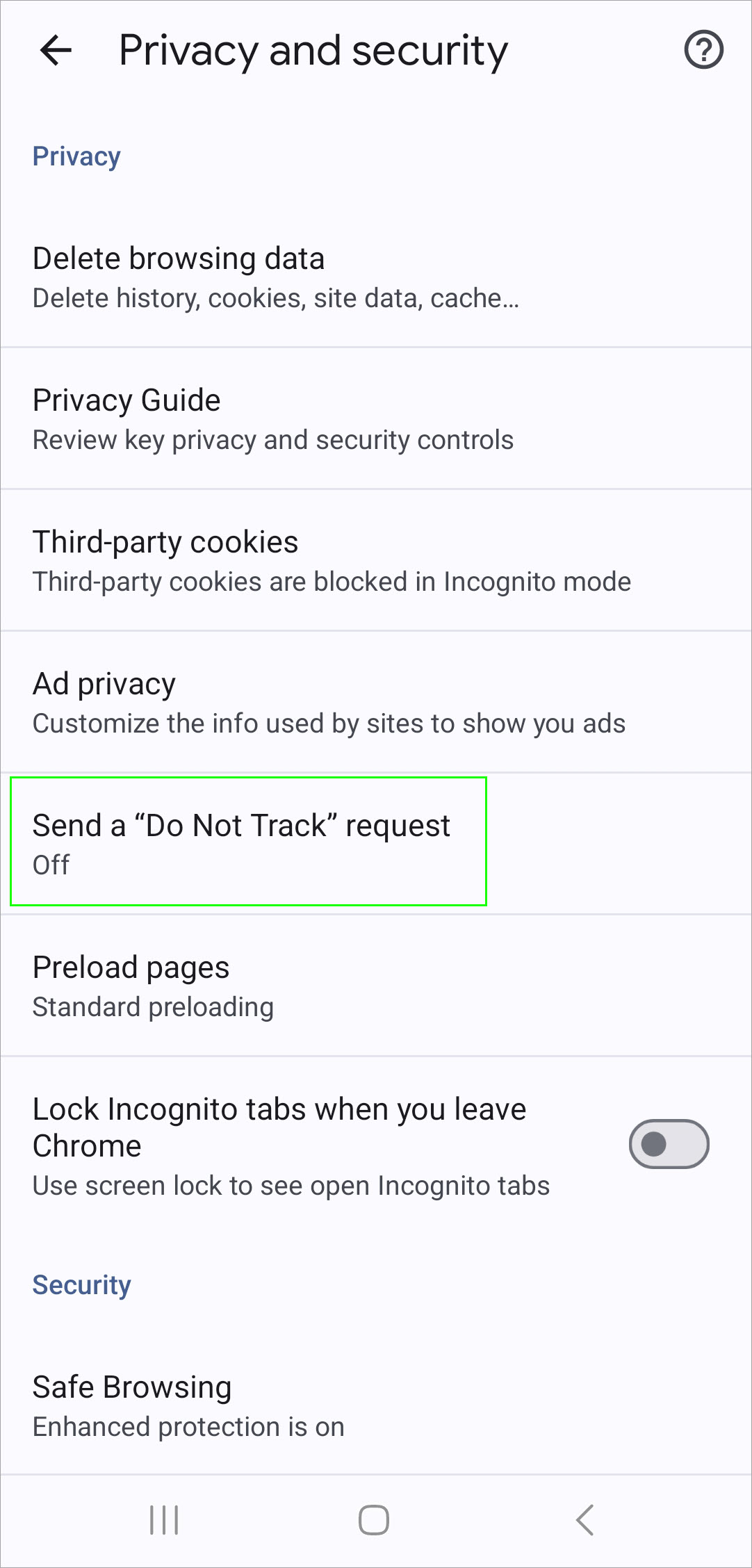 Ensure Send a "Do Not Track" request is Off.