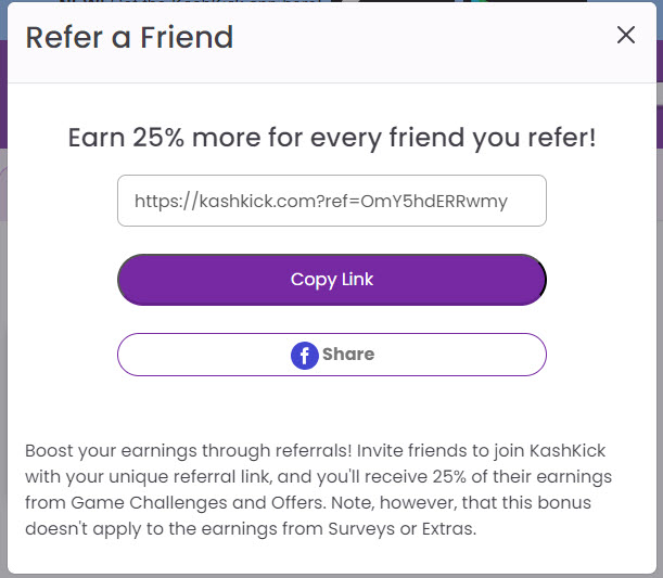 The Refer a Friend modal with the Copy Link and Share buttons.