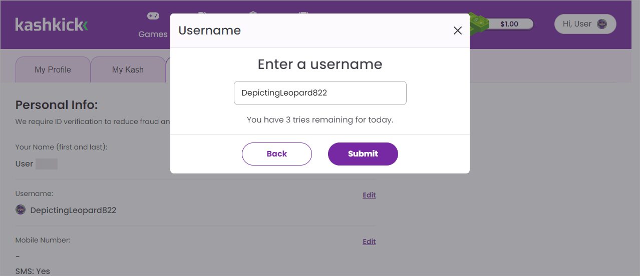 Enter a username and click Submit.