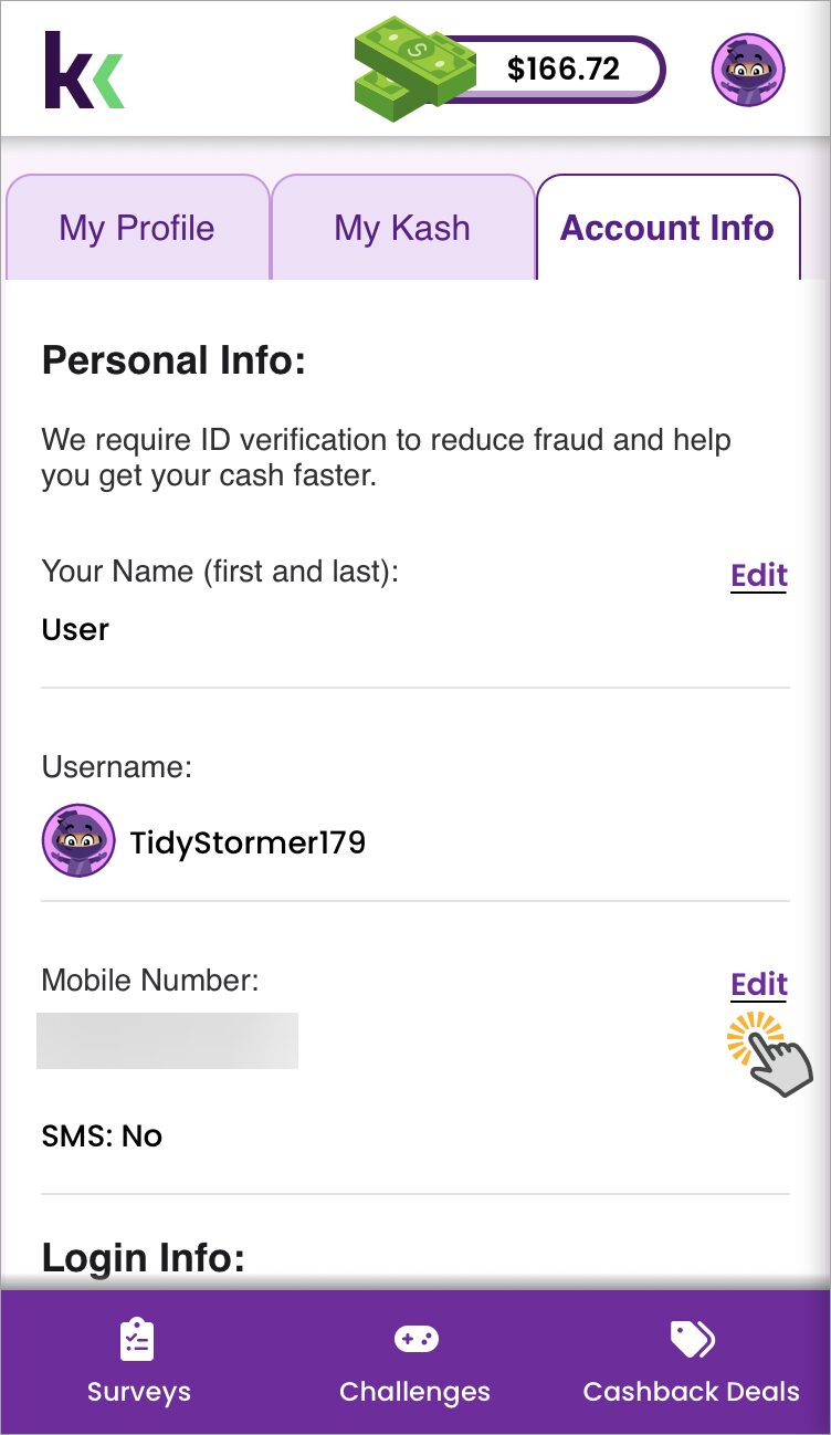 Tap Edit to the right of Mobile Number on the Account Info tab.