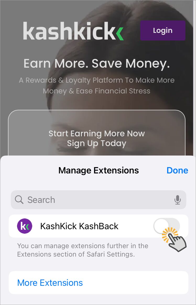 Tap the toggle to enable KashBack.