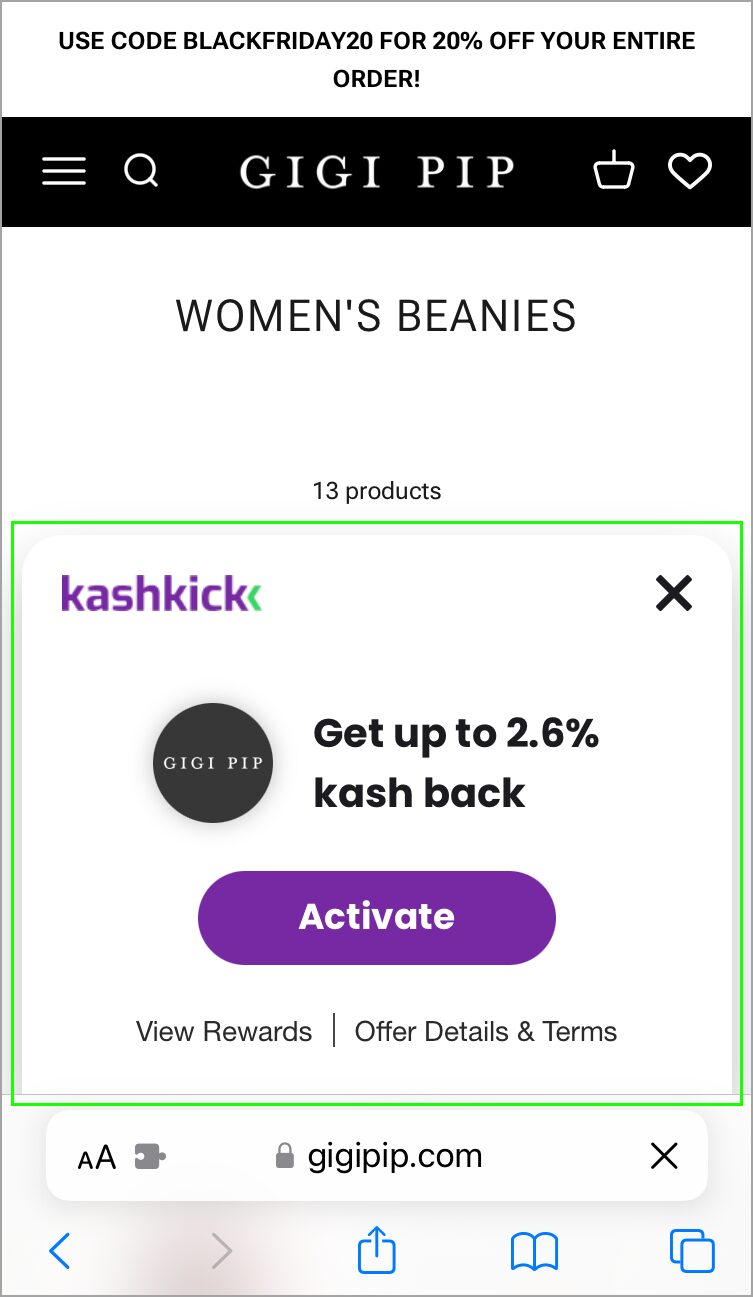 KashBack offer on merchant's site.