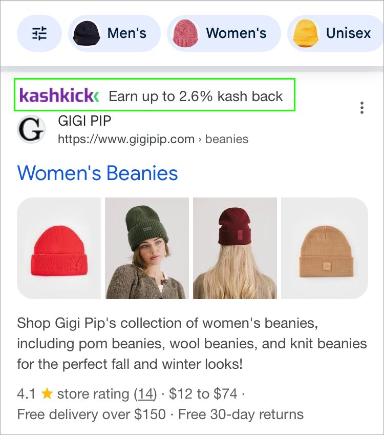 KashBack offer in search engine results.