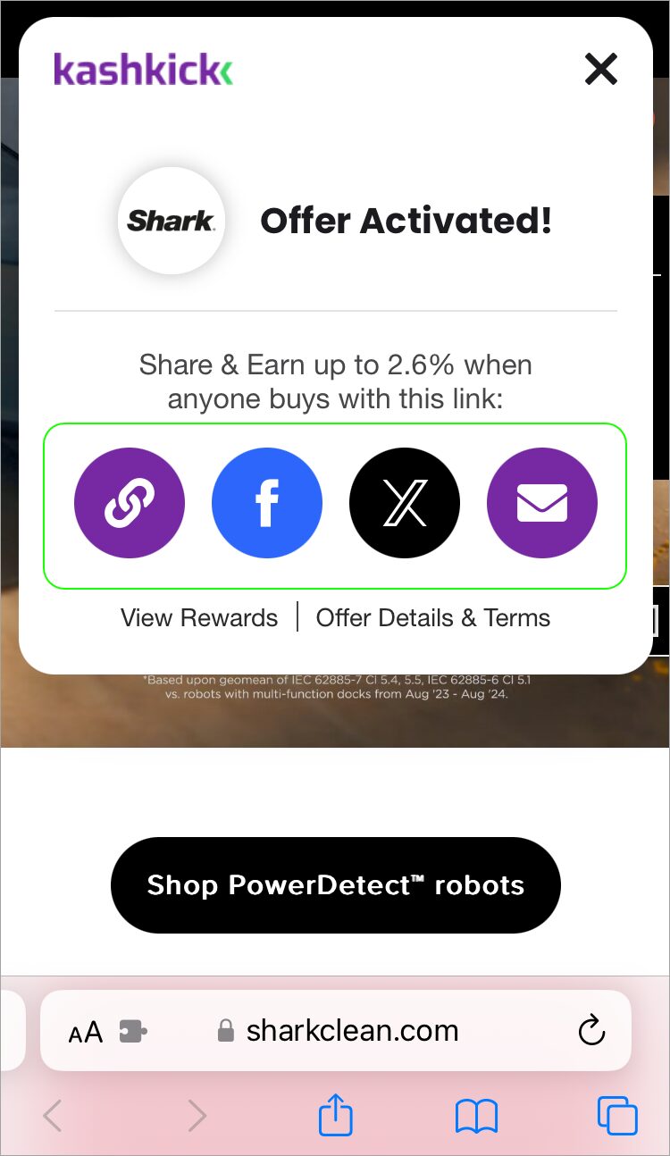 Share icons in the KashBack modal.